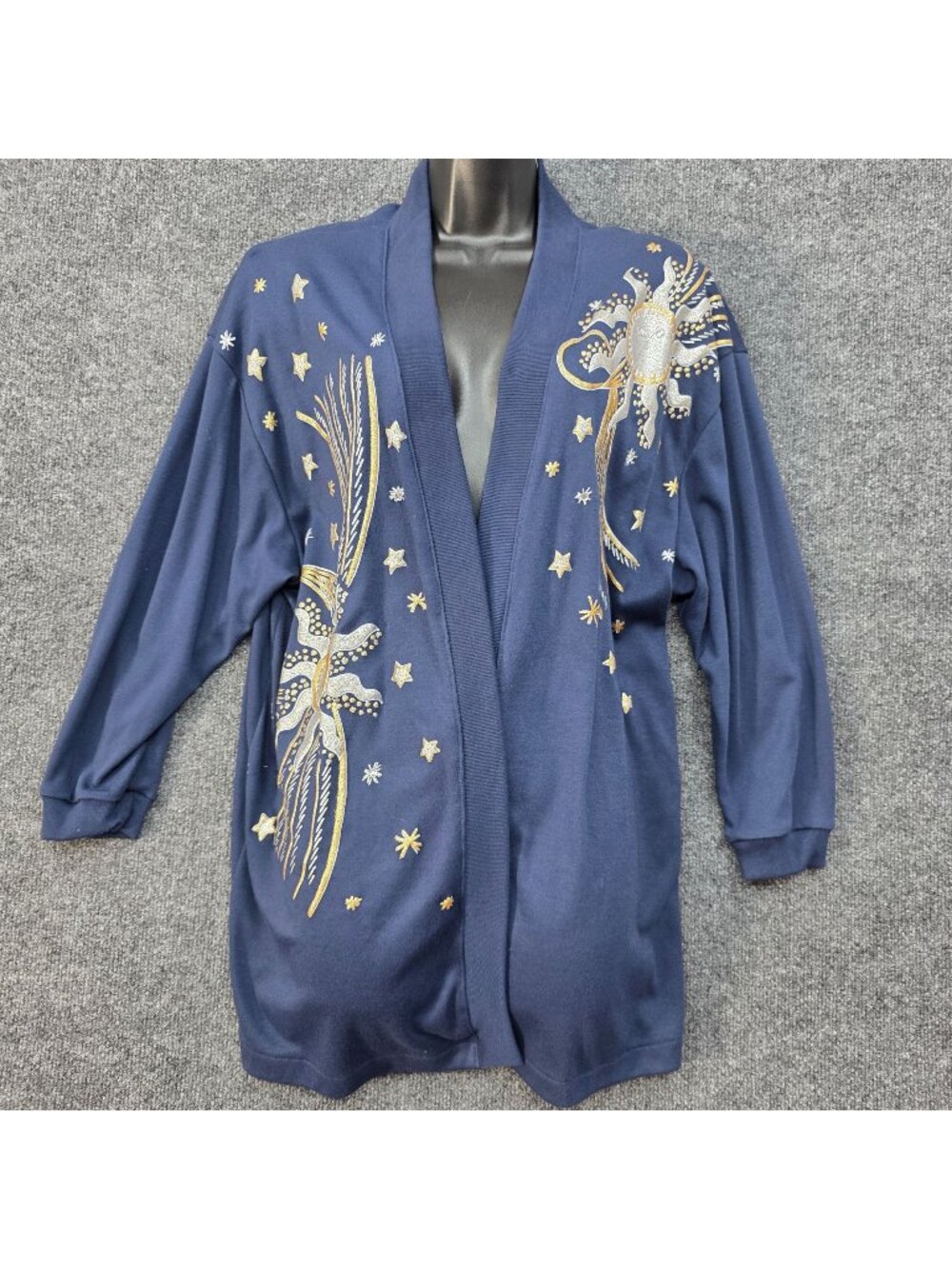 Vintage Donna Toran L Celestial Sun Stars Metallic Embellished Cardigan Navy